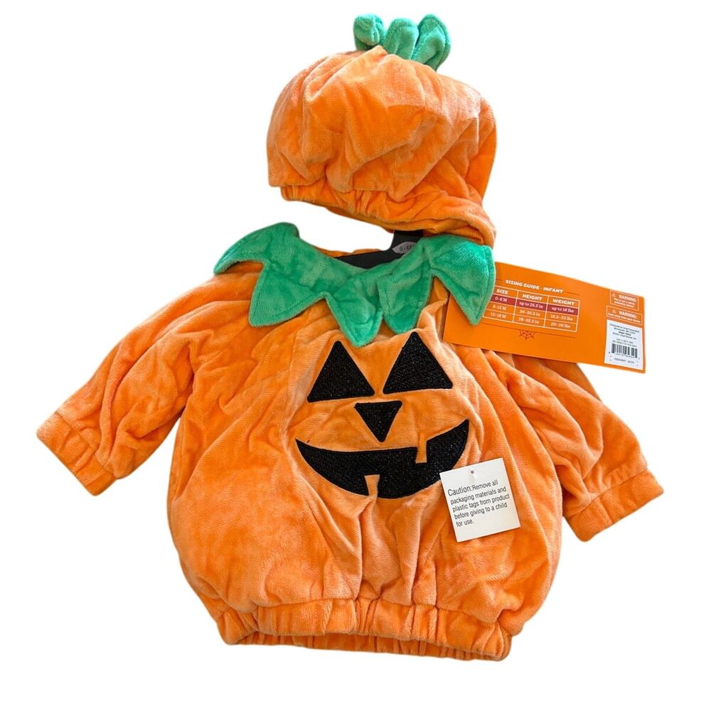 Kids Plush Pumpkin Costume with Green Leaf Collar and Hat